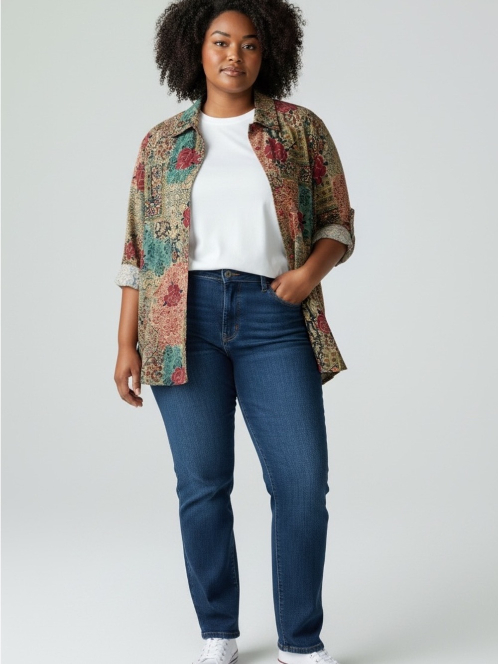 Tanjay Vintage Tapestry Look Button Up Long Sleeve Shirt, Muted Winter Colours